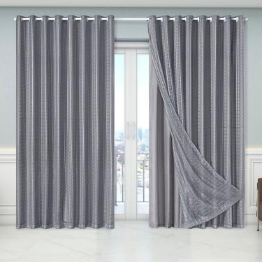 Imagem de Cortina Dual Forro Microfibra C/ Voil Xadrez 2,70m X 2,30m 100% Poliéster - Cinza