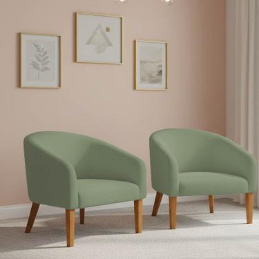 Imagem de Poltrona Sala Decorativa Kit 2 Stella Pé Madeira Trapézio Castanho Bouclê Pistache D03 - D'rossi