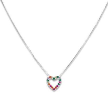 Imagem de Colar Coração Cravejado de Zirconia Colorida Banhado Prata-Unissex
