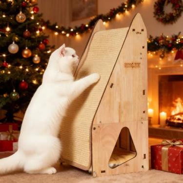 Imagem de FIVLOCCEN Poste de madeira multifacetado para arranhar gatos de 61 cm, árvore arranhadora de sisal resistente com casa de gato, tábua de arranhar e porta oculta - móveis duráveis e divertidos para