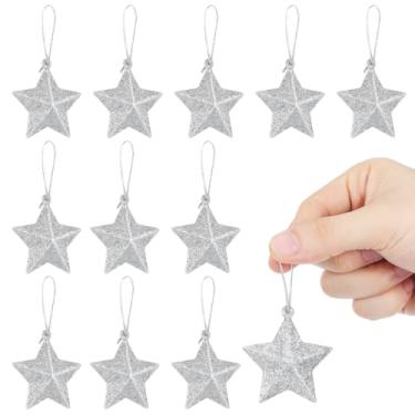 Imagem de BESPORTBLE Ornamentos de árvore de Natal com estrela de glitter prateado, 24 peças de decorações suspensas de cinco pontas, enfeites de PVC para árvore de Natal, casa, festa, decoração de casamento