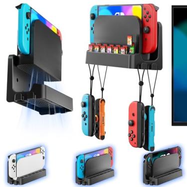 Imagem de Kit de suporte de parede Switch 2/1 para Switch 2/OLED/versões originais, suporte de parede automático com gancho de alça Joycons e 14 compartimentos de jogos para console de dock de TV, suporte de