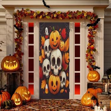 Imagem de Wassud Caveiras outono abóboras porta decoração exterior faixa interior varanda casa decoração grande porta da frente 96 x 98 polegadas