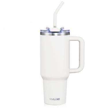 Imagem de SMLIXE Copo de 1,134 g com alça e tampa de palha, garrafa de água de aço inoxidável reutilizável isolada, caneca de viagem, copo selado a vácuo de parede dupla compatível com porta-copos (neve)
