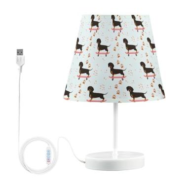 Imagem de Joisal Lâmpada de cabeceira engraçada para cães de skate Dachshund pequena com abajur estético de linho, luminária de mesa regulável