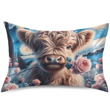 Imagem de Capa de almofada Highland Cow Cattle Cute Rose Satin Pillow Slips Cute Art Standard Queen King Room Aesthetic, Queen Size, 76.2 cm x 50.8 cm