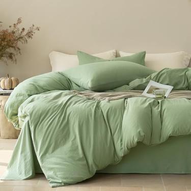 Imagem de JELLYMONI Capa de edredom tamanho solteiro - capa de edredom de algodão lavado com textura de linho, roupa de cama respirável e macia para casa moderna, quarto de hóspedes e uso diário, verde menta, 1