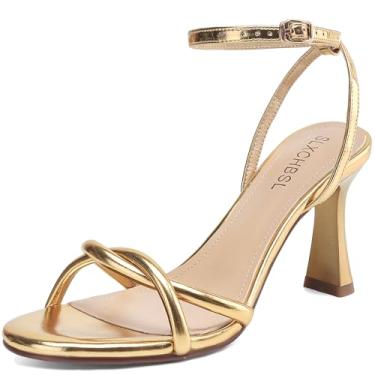 Imagem de SLXCHBSL Sandália feminina de bico redondo com tiras com salto alto grosso de 7,6 cm com tira ajustável no tornozelo, confortável, bico aberto, sapato social para festa de casamento ou formatura