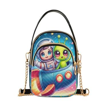 Imagem de Joisal Bolsa tiracolo feminina de desenho animado astronauta e alienígena com zíper triplo para mulheres, bolsa para celular, Astronauta com alienígena no foguete, 15*21*8cm