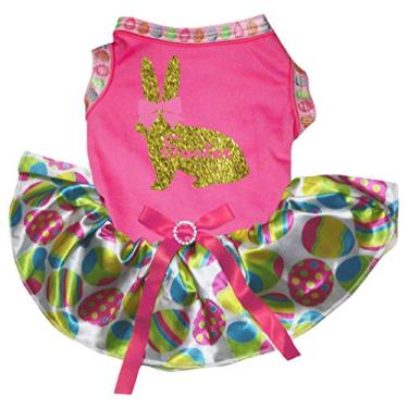 Imagem de Petitebella Vestido dourado para cachorro de coelhinho da páscoa (rosa choque/ovos arco-íris, 3GG)