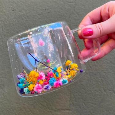 Imagem de Xícara De Vidro De Parede Dupla Com Flores Seca Caneca 110ml - LUTHER 
