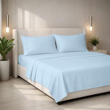 Imagem de Mayfair Linen Conjunto de lençóis Queen 100% algodão egípcio – Jogo de cama queen size luxuoso de algodão egípcio série 2000 (4 peças, azul claro), macio e refrescante, lençol de coleção de hotel de