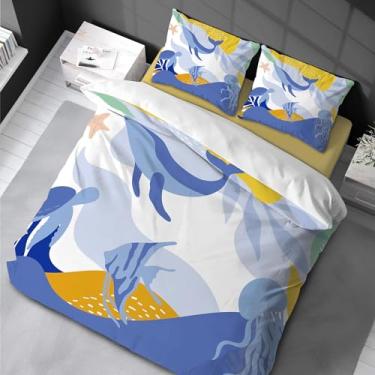 Imagem de Conjunto de capa de edredom de baleia azul oceano decorativo 3 peças conjunto de cama com 2 fronhas king size desenho animado peixe capa de edredom 155 x 220 cm -50 x 75 cm*2