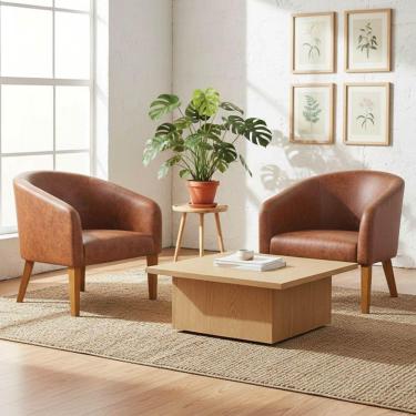 Imagem de Poltrona Sala Decorativa Kit 2 Stella Pé Madeira Trapézio Castanho Sintético Pu Nozes D03 - D'rossi