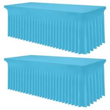 Imagem de Smiry Toalha de mesa de elastano pacote com 2, toalha de mesa elástica elástica para mesas retangulares de 1,8 m, saia de mesa lavável à prova d'água para casamentos, banquetes e festas (névoa azul
