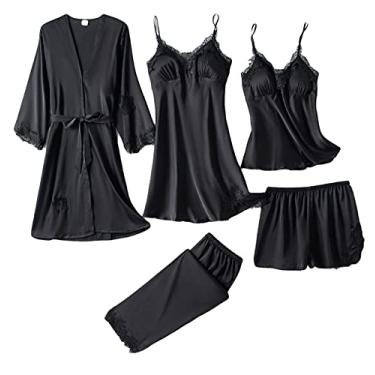 Imagem de HHHJQFAAT Pijamas femininos - Conjunto de pijama de cetim conjunto de pijama camisola roupa de dormir para casa roupão feminino manga de renda conjunto M rosa conjunto -C (preto d)