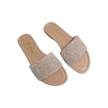 Imagem de BEAUDRM Pantufas femininas com glitter com pérolas brilhantes com contas e bico aberto, Marrom e branco, 37