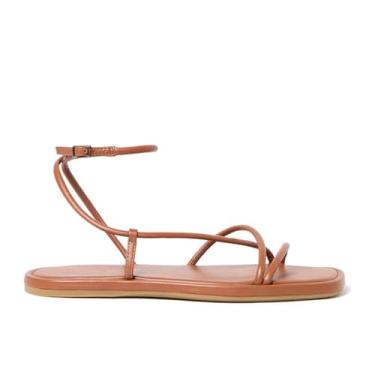 Imagem de STALOV Sandálias rasteiras femininas com tiras quadradas, bico aberto, couro, tira no tornozelo, sandálias rasteiras confortáveis para praia e verão, Marrom, 38