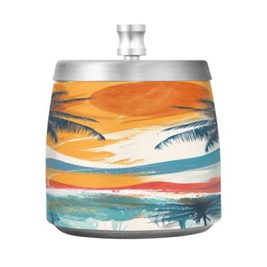 Imagem de STAYTOP Cinzeiro de palmeira do pôr do sol com tampa, aço inoxidável à prova de vento, sem fumaça, cinzeiro de cigarro grande para decoração de escritório em casa