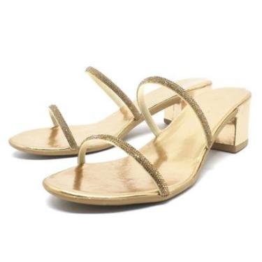 Imagem de Sandália Salto Bloco Feminina Médio Tamanco Strass Brilho-Feminino