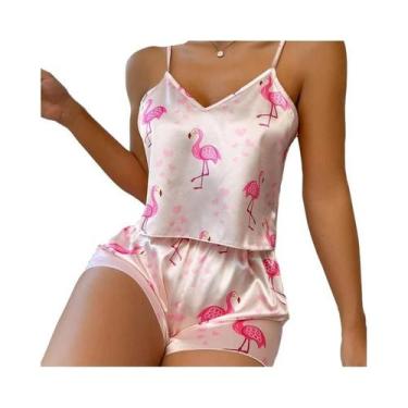 Imagem de Conjunto De Pijama Feminino Em Cetim Com Estampa De Flamingo, Top Cami