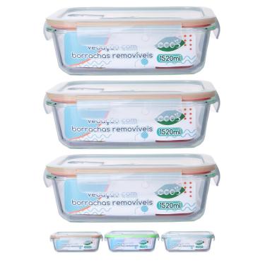 Imagem de Jogo 3 Pote Vidro Retangular Tampa Hermetica 4 Trava 1520ML