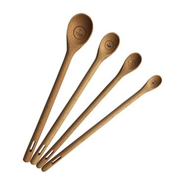 Imagem de Conjunto de 4 colheres de madeira de alça comprida para medições de utensílios gravadas com precisão para ingredientes secos e líquidos, conjunto de madeira de faia (alças de 23 cm)