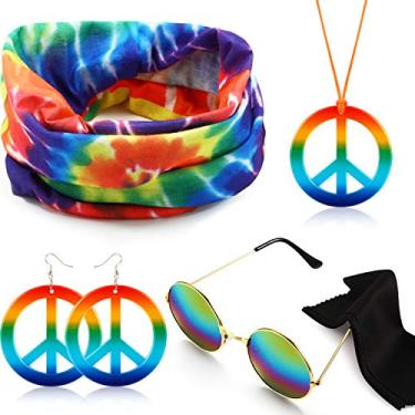 Imagem de Hicarer O conjunto de fantasia hippie inclui óculos de sol, colar de sinal da paz, faixa de cabeça e brinco para acessórios de festa dos anos 60 e 70, Arco-íris, One Size