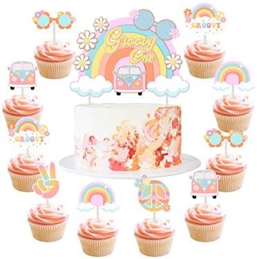 Imagem de Decorações de aniversário de bebê One Groovy – 25 peças de topo de bolo para cupcake Groovy One Cake Cupcake para meninas First Hippie Boho Artigos de festa de aniversário