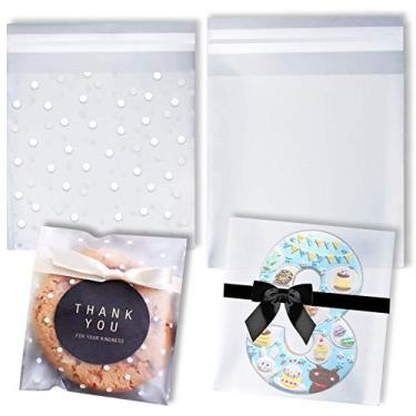 Imagem de Conjunto de Bolsa Autoadesiva XGiGiX para Cookies/Petiscos/Petiscos - 200 peças. Bolsas foscas de celofane com bolinhas brancas (10 x 10 cm, 100 peças). Bolsas de celular transparentes e reutilizáveis