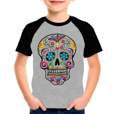 Imagem de Camiseta Raglan Caveira Mexicana Skull Cinza Preto Inf02 - Design Cami