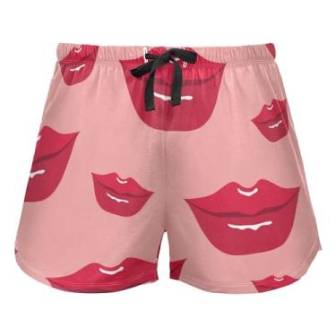 Imagem de KLL Shorts de pijama feminino sexy com lábios vermelhos, calças de pijama com bolsos e shorts de ioga para corrida, Lábios Vermelhos Sexy, G