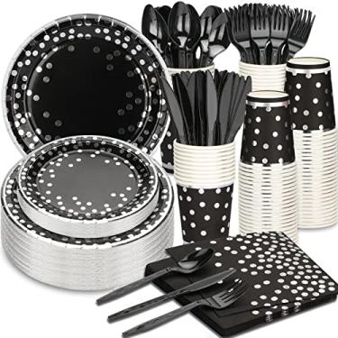 Imagem de 175 peças de artigos de festa pretos e prateados, utensílios de jantar descartáveis de bolinhas prateadas - pratos de papel preto, copos, garfos de plástico, facas, colheres para decoração de festa de