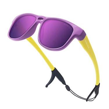 Imagem de ACBLUCE Óculos de sol infantis TPEE armação inquebrável polarizada com alça ajustável para meninos e meninas de 5 a 12 anos, Armação amarela roxa/lente rosa, kids