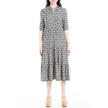 Imagem de Max Studio Vestido midi feminino primavera 2023 para o dia a dia com bainha no cotovelo manga botão carcela rodado chique estampado, Preto/Creme Hamsa Paisley, P