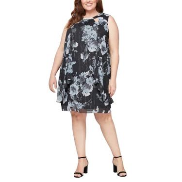 Imagem de S.L. Fashions Vestido feminino plus size curto sem mangas estampado floral com decote enfeitado e detalhe em cascata, Blk Ivo, 48