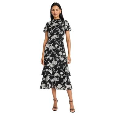 Imagem de Maggy London Vestido feminino elegante midi com babados e gola alta, saia em camadas, versátil, Preto/branco, 42