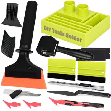 Imagem de EHDIS Kit de pintura de janela de vinil com suporte de armazenamento de ferramentas faça você mesmo, rolo de esponja de embrulho de carro, micro vara, rodo de tinta, raspador de plástico, cortador de