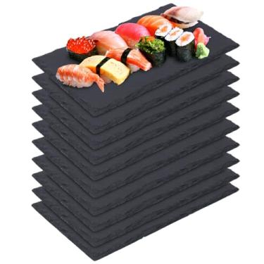 Imagem de IHDYPPEW Tábuas de queijo de ardósia, pacote com 10 pratos de ardósia de 25,4 x 15,2 cm, tábuas de charcutaria preta - Bandeja de servir de pedra natural com giz de pedra-sabão para festas, presentes