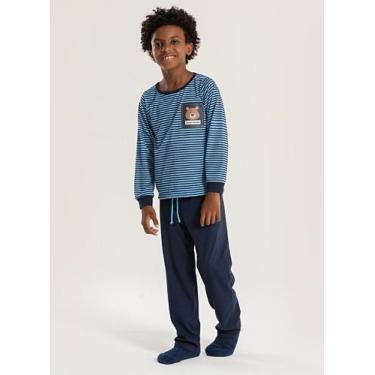 Imagem de Pijama Longo Infantil Menino Azul Blusa e Calça Ursinho Listrado - Mol