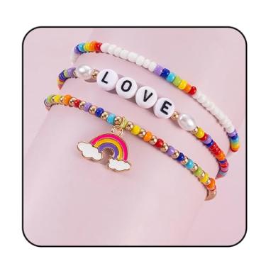Imagem de Dreuyet Pulseiras femininas com pingente de arco-íris boho fashion LGBT com letras de orgulho e contas de amor, joias de festa lésbica, presentes, Large, Miçangas, Sem Pedra Preciosa