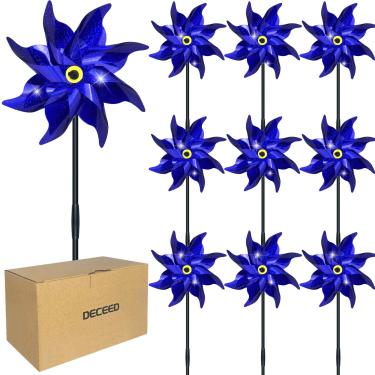 Imagem de DECEED Pacote com 10 cata-ventos refletivos pré-instalados para quintal e jardim, girador de vento brilhante 52 cm A x 17 cm de largura para afastar os pássaros do pátio da fazenda (azul)