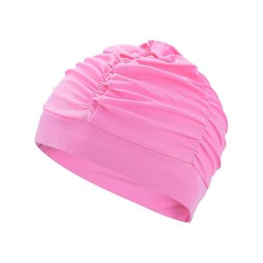 Imagem de ccHuDE Touca de natação plissada, touca de natação de cabelo longo, chapéu de natação adulto, touca de banho elástica de tecido, touca de natação elástica para adultos, rosa