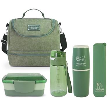 Imagem de Kit De Bolsa Térmica 2 Compartimentos, Marmita E Garrafa, Porta Talher E Porta Escova Verde