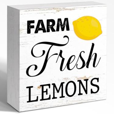 Imagem de WUZYOU Sinal de caixa de madeira com limões de verão 12,4 cm x 12,2 cm, placa de bloco de madeira com limões frescos para decoração de parede, decoração rústica de verão para cozinha doméstica, suco