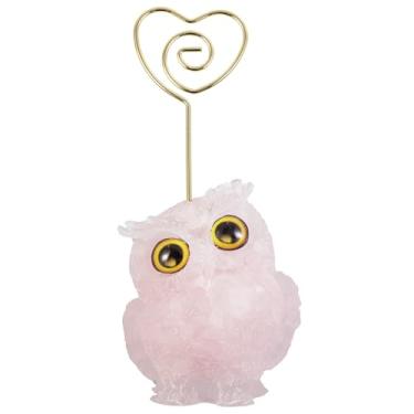 Imagem de Nupuyai Suporte de clipe de cartão de coruja de resina esculpida em pedra de coruja com clipe de coração, clipe de memorando, decoração de escritório em casa, quartzo rosa
