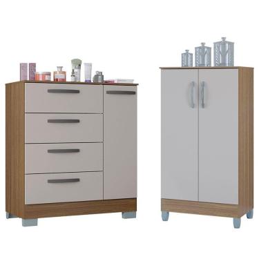 Imagem de Cômoda 868 4 Gavetas em MDF com Puxador Plástico Off White e Armário Multiuso 2 Portas...