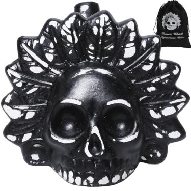 Imagem de Jafermox Máscara de caveira de penas apito da morte asteca - apito de grito fantasma para Halloween, pegadinhas, decoração, autodefesa - cerâmica feita à mão - grito humano alto - branco e preto