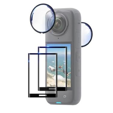 Imagem de FiTSTILL Conjunto de película protetora para insta 360 X5 2 peças de protetores de lente de vidro óptico + 2 peças de protetores LCD de vidro temperado dureza 9H antiarranhões e anti-impressões