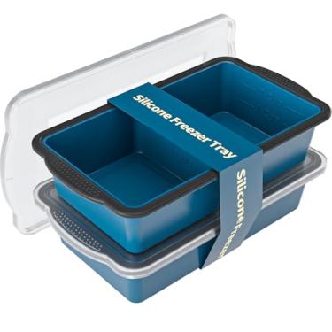 Imagem de GORCI Bandeja de silicone para freezer com tampa, 4 moldes grandes de 2 xícaras de sopa, recipiente para congelador de sopa para preparar refeições, bandeja grande para cubos de gelo, perfeita para